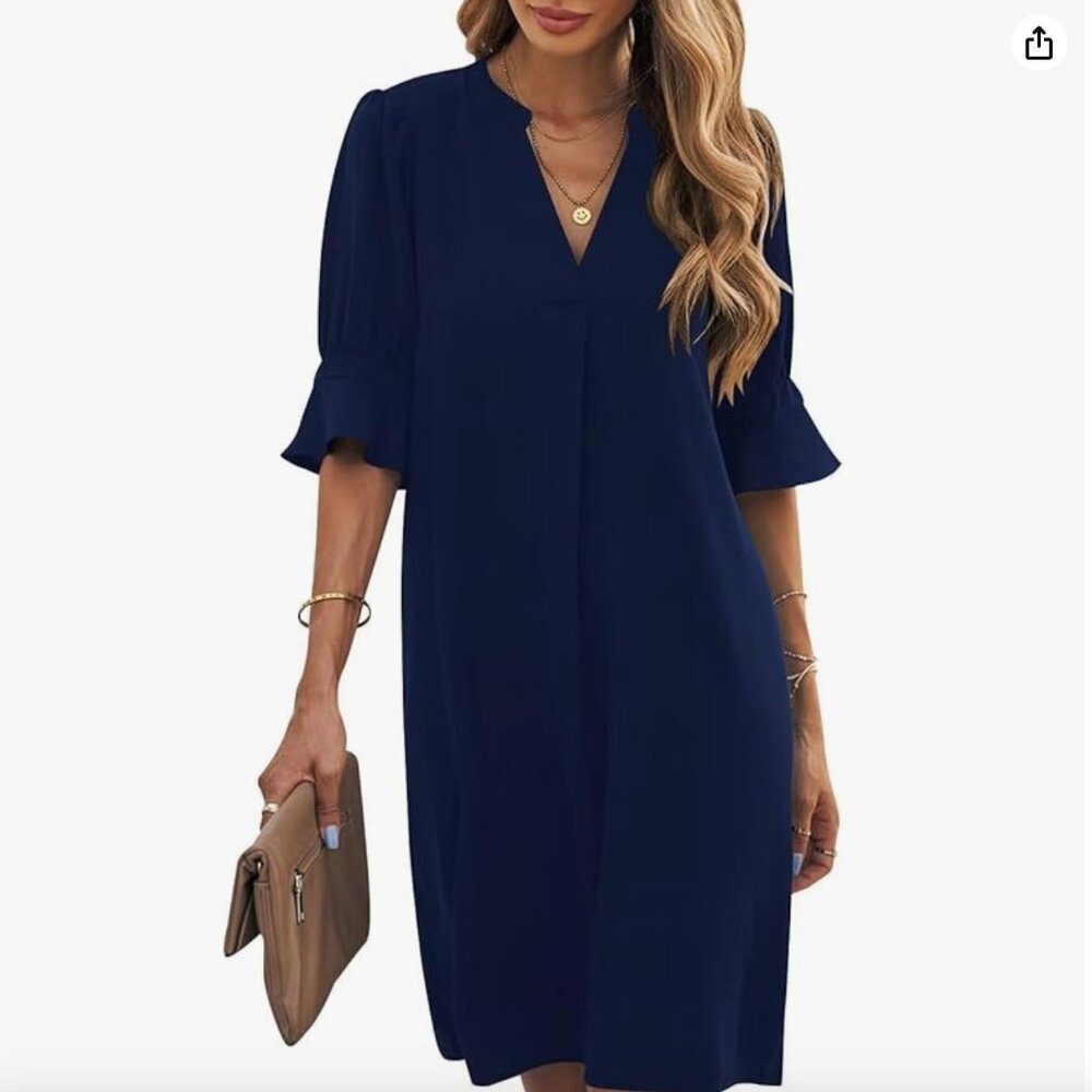 Wkior Navy V Neck Shift Dress with Ruffle Detail Sleeve
